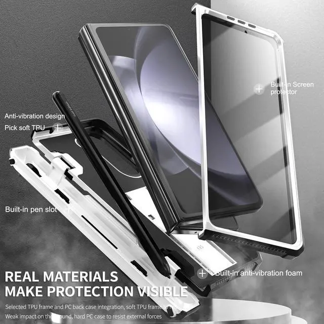 Alt view image 5 of 7 - Case for Samsung Galaxy Z Fold 5 5G 2023, Military-Grade Full-Body Shockproof Phone Cover Rugged Bumper Case with Built-in Screen Protector & Kickstand & S Pen Slot White