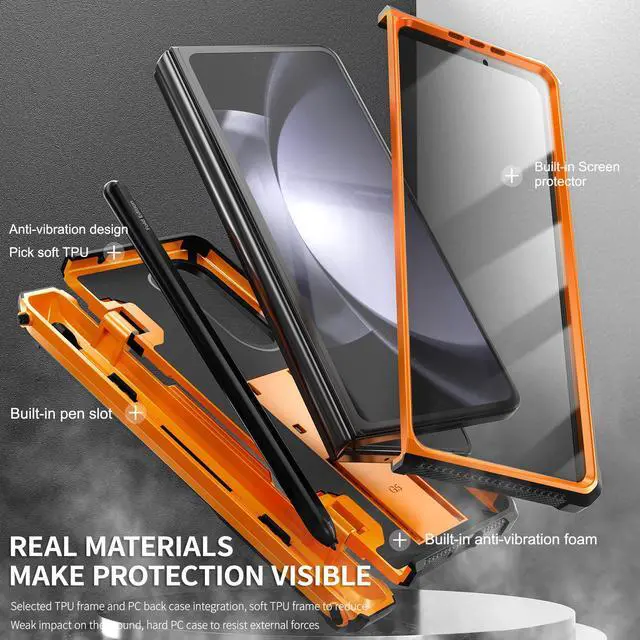 Alt view image 6 of 7 - Case for Samsung Galaxy Z Fold 5 5G 2023, Military-Grade Full-Body Shockproof Phone Cover Rugged Bumper Case with Built-in Screen Protector & Kickstand & S Pen Slot Orange
