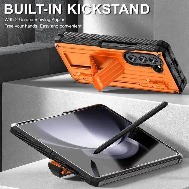 Alt view image 2 of 7 - Case for Samsung Galaxy Z Fold 5 5G 2023, Military-Grade Full-Body Shockproof Phone Cover Rugged Bumper Case with Built-in Screen Protector & Kickstand & S Pen Slot Orange