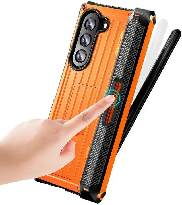 Alt view image 5 of 7 - Case for Samsung Galaxy Z Fold 5 5G 2023, Military-Grade Full-Body Shockproof Phone Cover Rugged Bumper Case with Built-in Screen Protector & Kickstand & S Pen Slot Orange