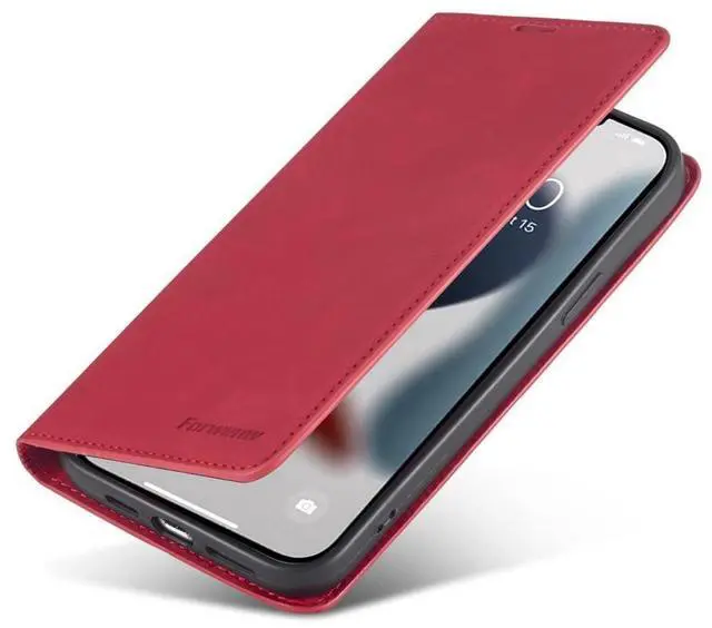 Alt view image 6 of 7 - Case for iPhone 15 5G 6.1 inch Premium PU Leather Cover with Card Holder Kickstand Shockproof Flip Wallet Cover Red