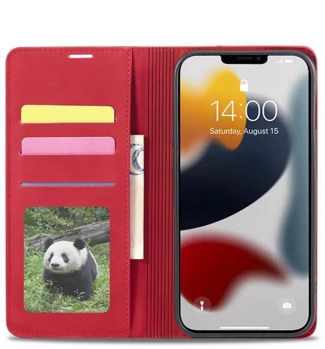 Alt view image 4 of 7 - Case for iPhone 15 5G 6.1 inch Premium PU Leather Cover with Card Holder Kickstand Shockproof Flip Wallet Cover Red