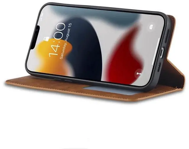 Alt view image 5 of 6 - Case for iPhone 15 5G 6.1 inch Premium PU Leather Cover with Card Holder Kickstand Shockproof Flip Wallet Cover Brown