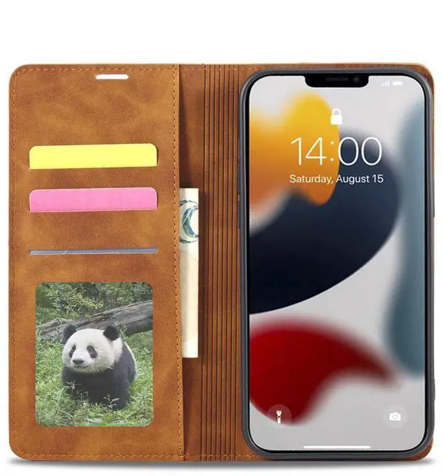 Alt view image 4 of 6 - Case for iPhone 15 5G 6.1 inch Premium PU Leather Cover with Card Holder Kickstand Shockproof Flip Wallet Cover Brown