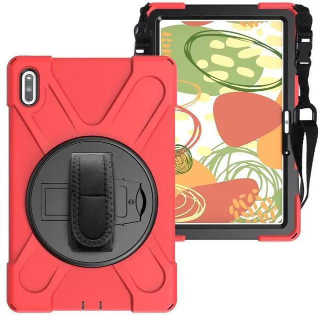 Alt view image 4 of 4 - Huawei MatePad 10.4 inch 2020 2022 Case with Pencil Holder, Rotatable Kickstand, Hand Strap and Shoulder Belt Shockproof Protective Cover Red