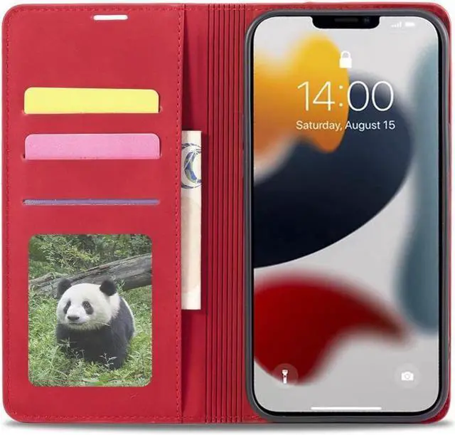 Alt view image 4 of 7 - Case for iPhone 15 Plus 6.7 inch Premium PU Leather Cover with Card Holder Kickstand Shockproof Flip Wallet Cover Red