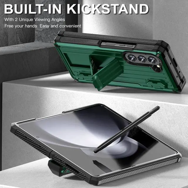 Alt view image 2 of 7 - Case for Samsung Galaxy Z Fold 5 5G 2023, Military-Grade Full-Body Shockproof Phone Cover Rugged Bumper Case with Built-in Screen Protector & Kickstand & S Pen Slot Dark Green