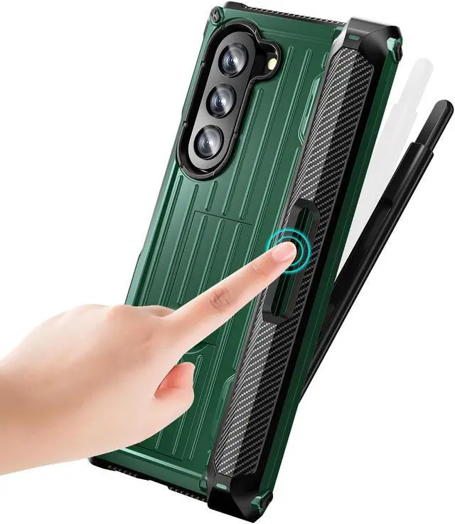 Alt view image 5 of 7 - Case for Samsung Galaxy Z Fold 5 5G 2023, Military-Grade Full-Body Shockproof Phone Cover Rugged Bumper Case with Built-in Screen Protector & Kickstand & S Pen Slot Dark Green