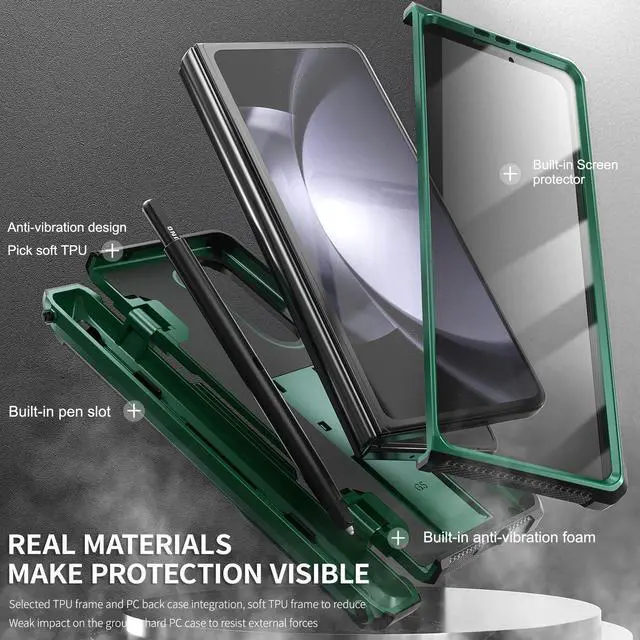 Alt view image 3 of 7 - Case for Samsung Galaxy Z Fold 5 5G 2023, Military-Grade Full-Body Shockproof Phone Cover Rugged Bumper Case with Built-in Screen Protector & Kickstand & S Pen Slot Dark Green
