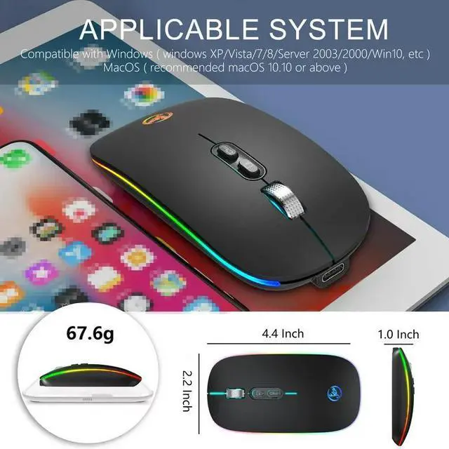 Alt view image 2 of 7 - Slim Silent Wireless Mouse, LED Dual Mode (Bluetooth 5.1 and 2.4G Wireless) Rechargeable Ergonomic Mice with 3 Adjustable DPI for iPad OS, PC, Laptop, Surface Pro, MacBook, Windows, Mac OS