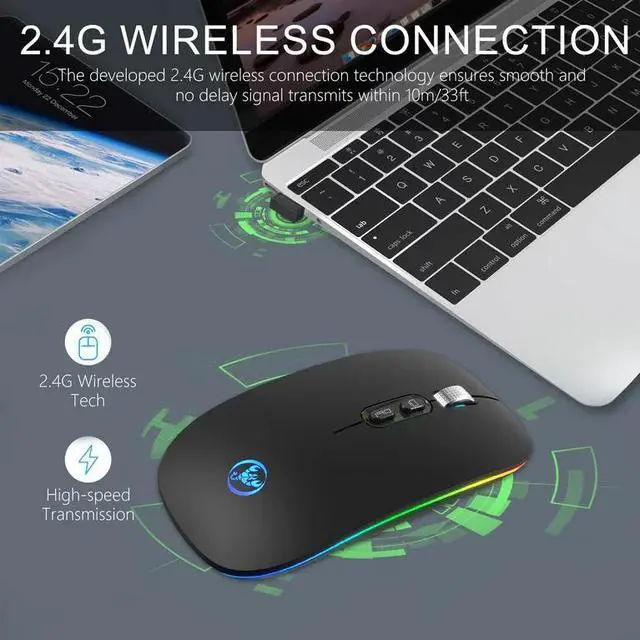 Alt view image 3 of 7 - Slim Silent Wireless Mouse, LED Dual Mode (Bluetooth 5.1 and 2.4G Wireless) Rechargeable Ergonomic Mice with 3 Adjustable DPI for iPad OS, PC, Laptop, Surface Pro, MacBook, Windows, Mac OS