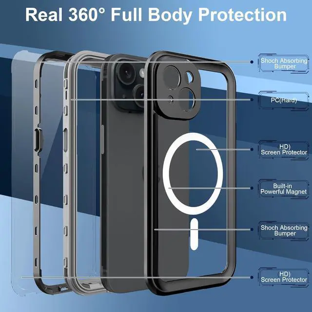 Alt view image 3 of 7 - for iPhone 15 Plus 6.7 inch Waterproof Case Magnetic, [Compatible with MagSafe][with Screen Protector][IP68 Underwater][15FT Military Dropproof][Dustproof] Phone Cover for iPhone 15 Plus 6.7"