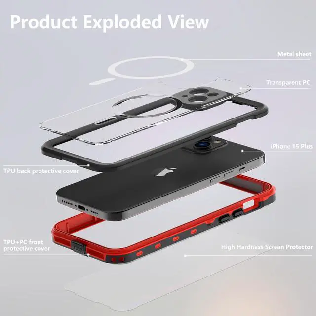 Alt view image 7 of 7 - for iPhone 15 Plus 6.7 inch Waterproof Case Magnetic, [Compatible with MagSafe][with Screen Protector][IP68 Underwater][15FT Military Dropproof][Dustproof] Phone Cover for iPhone 15 Plus 6.7" Red