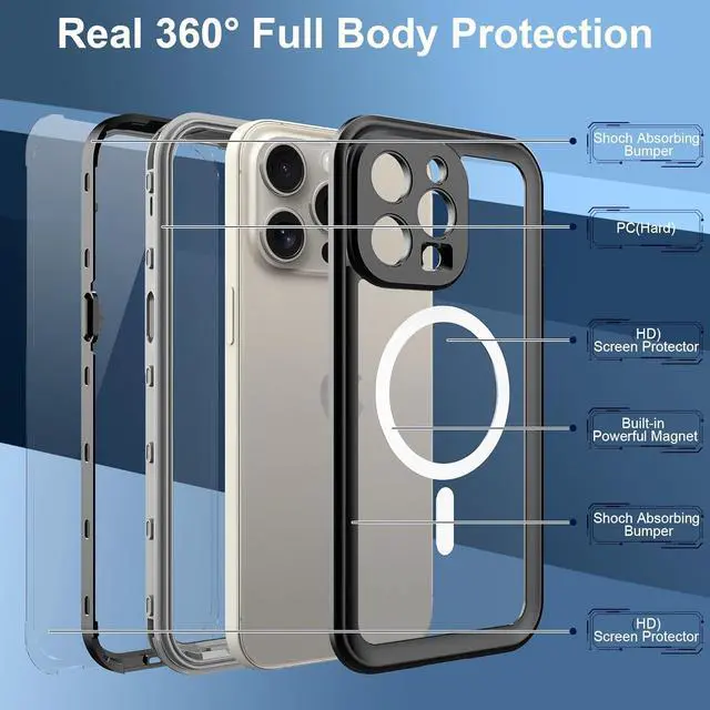Alt view image 3 of 7 - for iPhone 15 Pro Max 6.7 inch Waterproof Case Magnetic, [Compatible with MagSafe][with Screen Protector][IP68 Underwater][Dustproof] Phone Cover for iPhone 15 Pro Max 6.7"