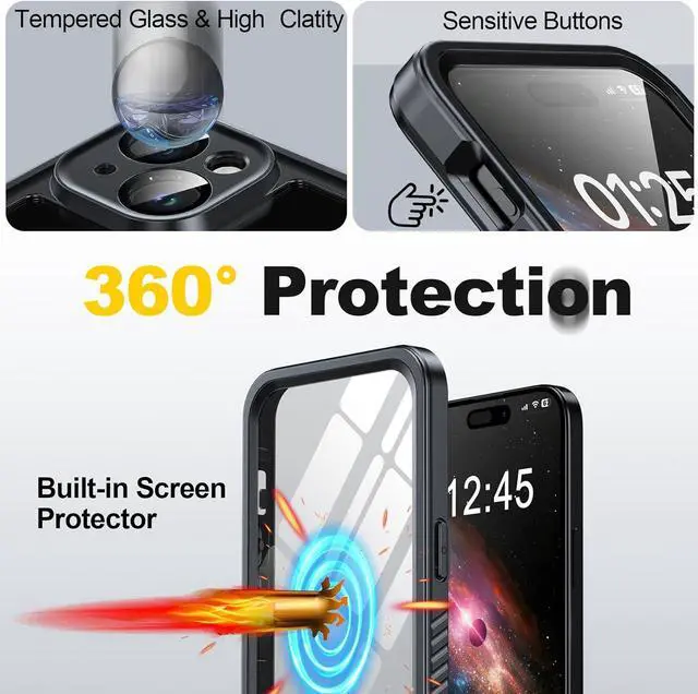 Alt view image 6 of 7 - for iPhone 15 Case Waterproof, Built-in Screen & Lens Protector [14 FT Military Drop Proof] [Full Body Shockproof] [Dustproof] [IP68 Underwater] Phone Case for iPhone 15 6.1 inch