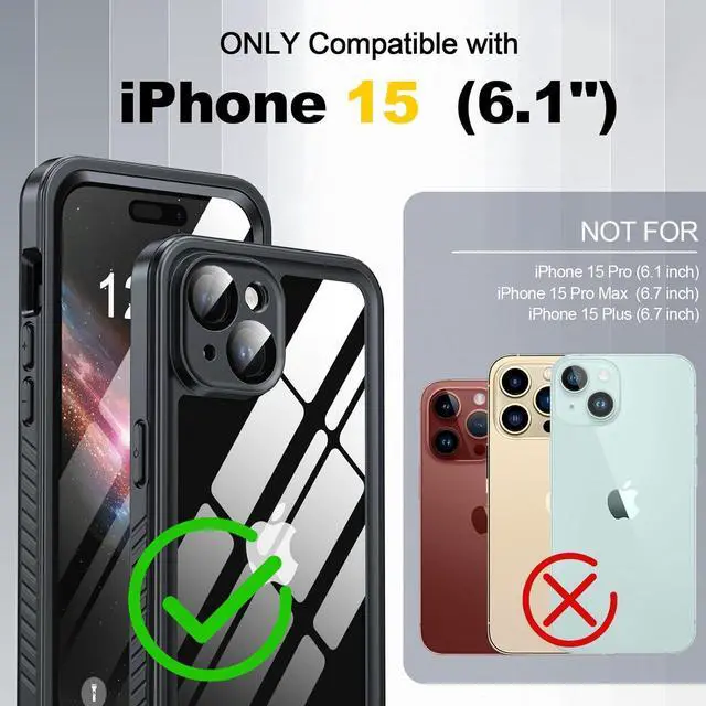 Alt view image 2 of 7 - for iPhone 15 Case Waterproof, Built-in Screen & Lens Protector [14 FT Military Drop Proof] [Full Body Shockproof] [Dustproof] [IP68 Underwater] Phone Case for iPhone 15 6.1 inch