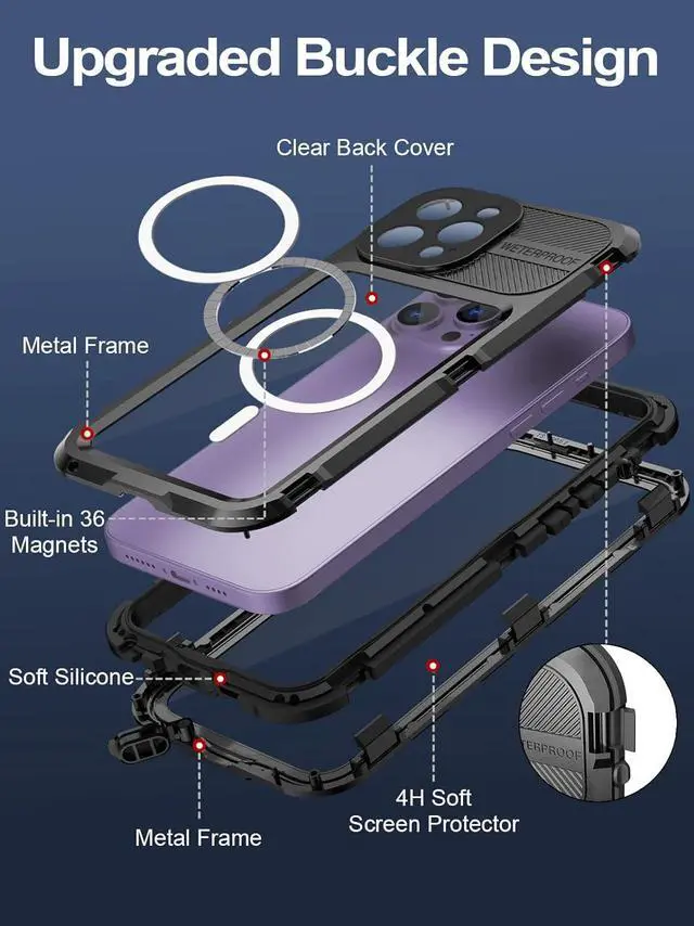 Alt view image 4 of 7 - Waterproof Case for iPhone 15 Pro Max 6.7 inch, Built-in [Screen Protector] [IP68 Water Proof] [14FT Military Grade Shockproof], Metal Full Body Aluminum Protective Drop Protection Cover