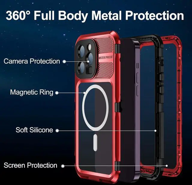 Alt view image 3 of 7 - Waterproof Case for iPhone 15 Pro Max 6.7 inch, Built-in [Screen Protector] [IP68 Water Proof] [14FT Military Grade Shockproof], Metal Full Body Aluminum Protective Drop Protection Cover Red