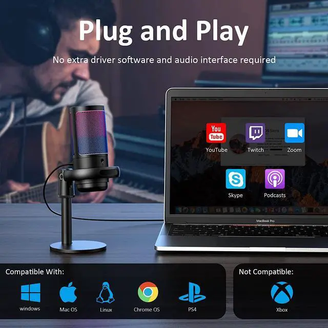 Alt view image 5 of 7 - Gaming Microphone, Condenser Mic on Mac/PS4/PS5, USB Microphone for PC with RGB Control, Touch Mute, Gain knob & Monitoring Jack for Recording, Streaming, Podcasts, YouTube, Twitch (Black)