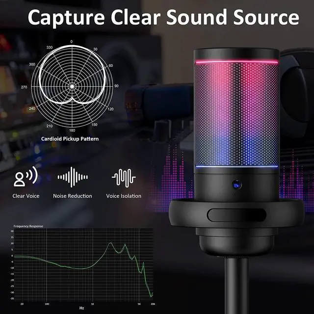 Alt view image 3 of 7 - Gaming Microphone, Condenser Mic on Mac/PS4/PS5, USB Microphone for PC with RGB Control, Touch Mute, Gain knob & Monitoring Jack for Recording, Streaming, Podcasts, YouTube, Twitch (Black)