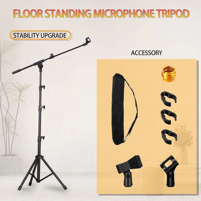 Main image of Professional metal microphone stand, tripod floor microphone stand, height adjustable, with a microphone clip suitable for outdoor stage performances, easy to store, and a reverse folding tripod