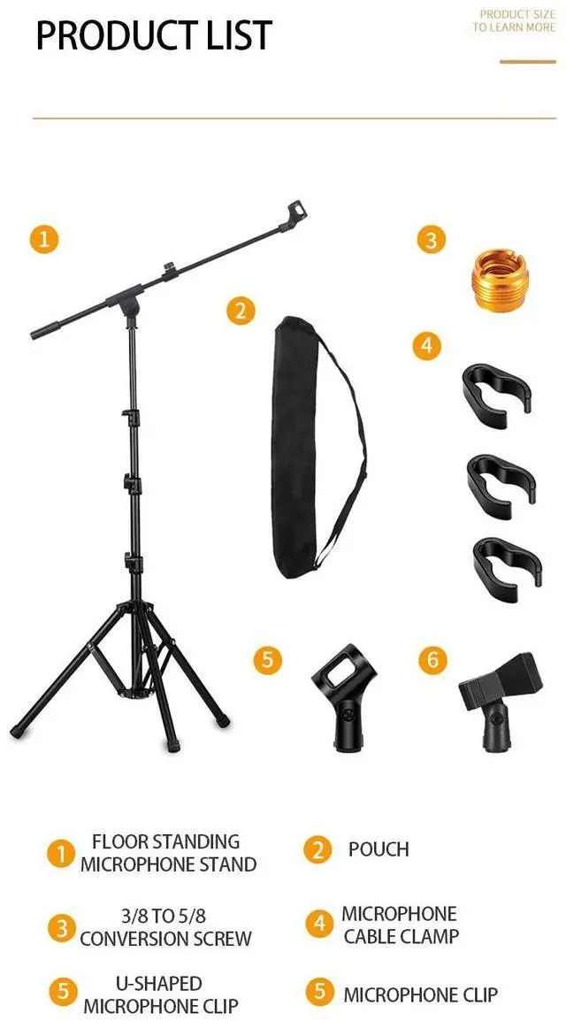 Alt view image 7 of 7 - Professional metal microphone stand, tripod floor microphone stand, height adjustable, with a microphone clip suitable for outdoor stage performances, easy to store, and a reverse folding tripod