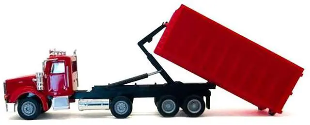 Alt view image 7 of 9 - Peterbilt 367 Roll-Off Dump Truck Red with Red Box 1/87 (HO) Plastic Model Car by Promotex