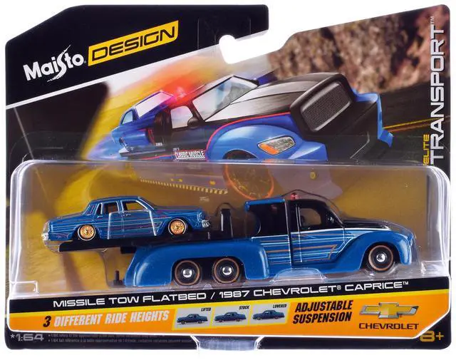Alt view image 2 of 2 - Missile Tow Flatbed Truck Blue Met and Black w/Graphics & 1987 Chevrolet Caprice Lowrider Blue Met 1/64 Diecast Models by Maisto
