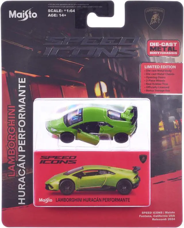 Alt view image 6 of 6 - Lamborghini Huracan Performante Green "Speed Icons" Series 1/64 Diecast Model car by Maisto