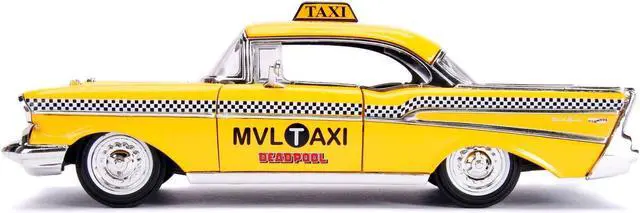 Alt view image 6 of 8 - 1957 Chevrolet Bel Air Taxi Yellow with Deadpool Diecast Figurine "Marvel" Series 1/24 Diecast Model Car by Jada
