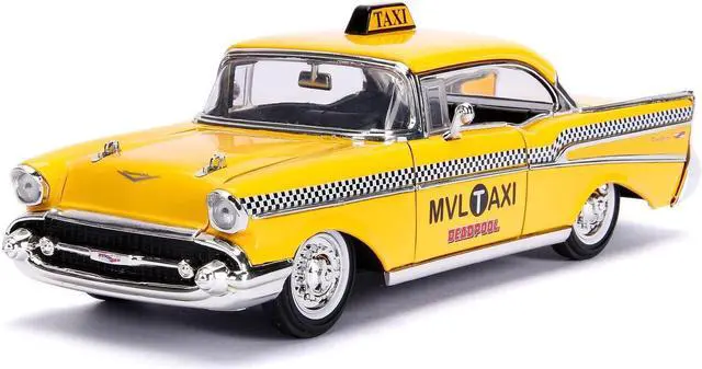 Alt view image 7 of 8 - 1957 Chevrolet Bel Air Taxi Yellow with Deadpool Diecast Figurine "Marvel" Series 1/24 Diecast Model Car by Jada