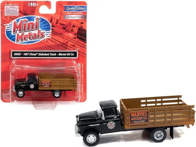 Alt view image 4 of 4 - 1957 Chevrolet Stakebed Truck Matt Black "Marvel Mystery Oil Co." 1/87 (HO) Scale Model Car by Classic Metal Works