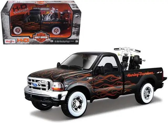 Alt view image 2 of 2 - 1999 Ford F-350 Super Duty Pickup Black with Flames 1/27 & 2002 Harley Davidson FLSTB Motorcycle Night Train 1/24 Diecast Models by Maisto