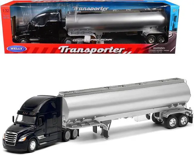 Alt view image 2 of 3 - Freightliner Cascadia Truck Black with Silver Tanker Trailer "Transporter" Series 1/32 Diecast Model by Welly