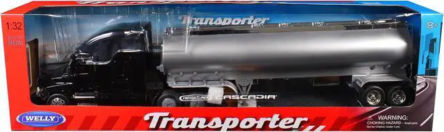 Alt view image 3 of 3 - Freightliner Cascadia Truck Black with Silver Tanker Trailer "Transporter" Series 1/32 Diecast Model by Welly