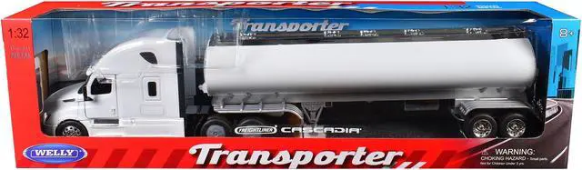 Main image of Freightliner Cascadia Truck White with White Tanker Trailer "Transporter" Series 1/32 Diecast Model by Welly