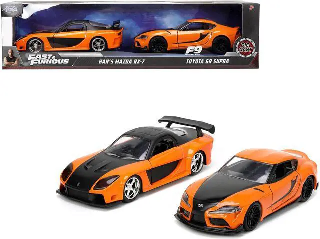 Alt view image 11 of 11 - Han's Mazda RX-7 Orange Met. & Matt Black & Toyota GR Supra Orange Met. w/Black Hood Set of 2 pcs 1/32 Diecast Model Cars Jada