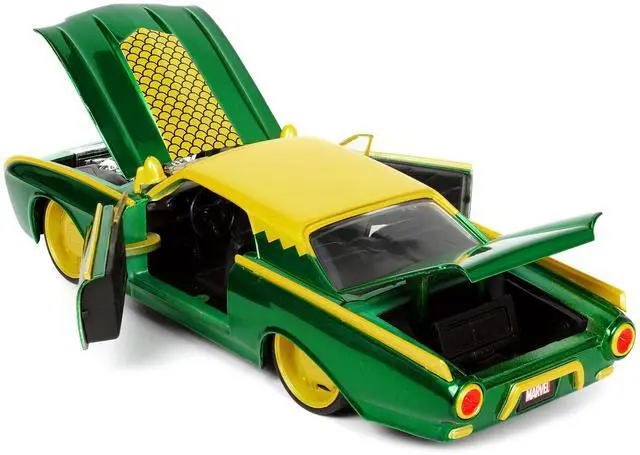 Alt view image 13 of 16 - 1963 Ford Thunderbird Green and Yellow Metallic with Hood Graphics and Loki Diecast Figure "Loki" "Marvel" Series 1/24 Diecast Model Car by Jada