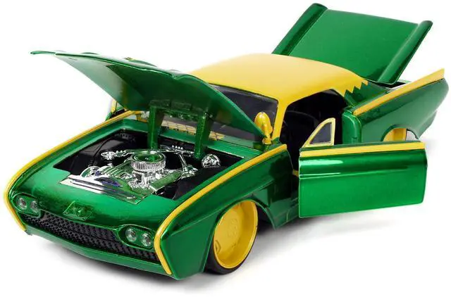 Alt view image 14 of 16 - 1963 Ford Thunderbird Green and Yellow Metallic with Hood Graphics and Loki Diecast Figure "Loki" "Marvel" Series 1/24 Diecast Model Car by Jada