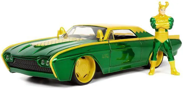 Alt view image 15 of 16 - 1963 Ford Thunderbird Green and Yellow Metallic with Hood Graphics and Loki Diecast Figure "Loki" "Marvel" Series 1/24 Diecast Model Car by Jada