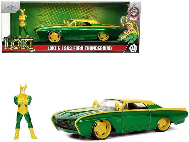 Alt view image 16 of 16 - 1963 Ford Thunderbird Green and Yellow Metallic with Hood Graphics and Loki Diecast Figure "Loki" "Marvel" Series 1/24 Diecast Model Car by Jada