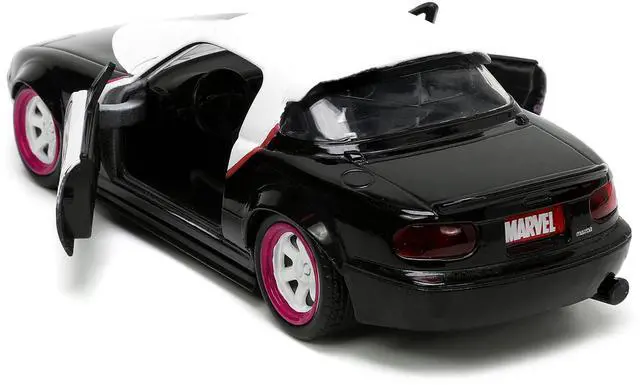Alt view image 8 of 11 - 1990 Mazda Miata Black & White w/Graphics & Ghost Spider Figure "Spider-Man" "Marvel" Series 1/32 Diecast Model Car by Jada