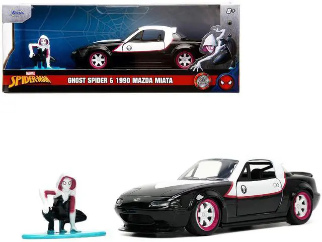 Alt view image 10 of 11 - 1990 Mazda Miata Black & White w/Graphics & Ghost Spider Figure "Spider-Man" "Marvel" Series 1/32 Diecast Model Car by Jada