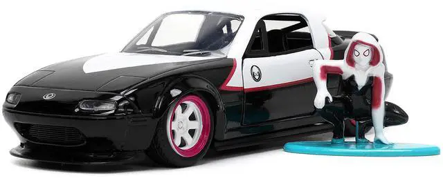 Alt view image 11 of 11 - 1990 Mazda Miata Black & White w/Graphics & Ghost Spider Figure "Spider-Man" "Marvel" Series 1/32 Diecast Model Car by Jada