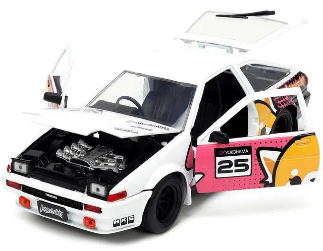 Alt view image 13 of 15 - 1986 Toyota Trueno (AE86) RHD (Right Hand Drive) #25 White with Graphics and Aggretsuko Diecast Figure "Aggretsuko" "Anime Hollywood Rides" Series 1/24 Diecast Model Car by Jada