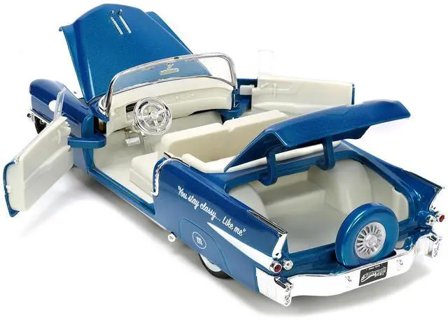 Alt view image 14 of 16 - 1956 Cadillac Eldorado Convertible Blue Metallic with Cream Interior "Stay Classy" and Blue M&M Diecast Figure "M&M's" "Hollywood Rides" Series 1/24 Diecast Model Car by Jada