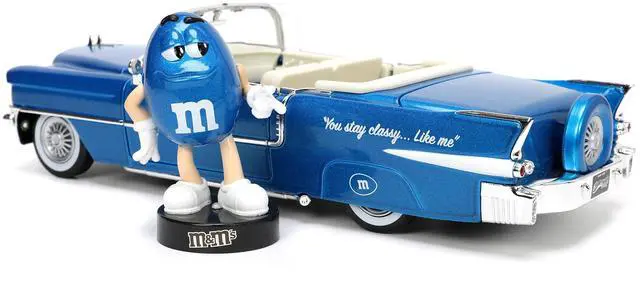 Alt view image 15 of 16 - 1956 Cadillac Eldorado Convertible Blue Metallic with Cream Interior "Stay Classy" and Blue M&M Diecast Figure "M&M's" "Hollywood Rides" Series 1/24 Diecast Model Car by Jada