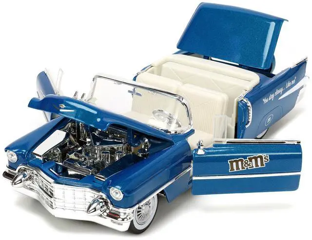 Alt view image 16 of 16 - 1956 Cadillac Eldorado Convertible Blue Metallic with Cream Interior "Stay Classy" and Blue M&M Diecast Figure "M&M's" "Hollywood Rides" Series 1/24 Diecast Model Car by Jada