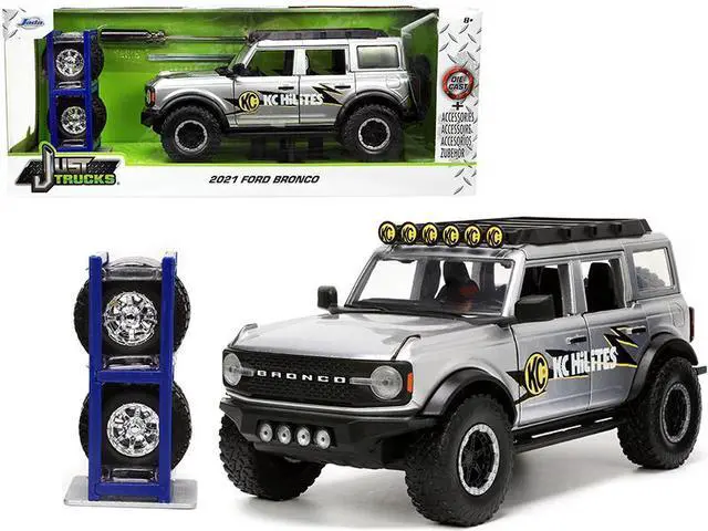 Alt view image 8 of 8 - 2021 Ford Bronco Gray Metallic "KC HiLiTES" with Extra Wheels "Just Trucks" Series 1/24 Diecast Model Car by Jada