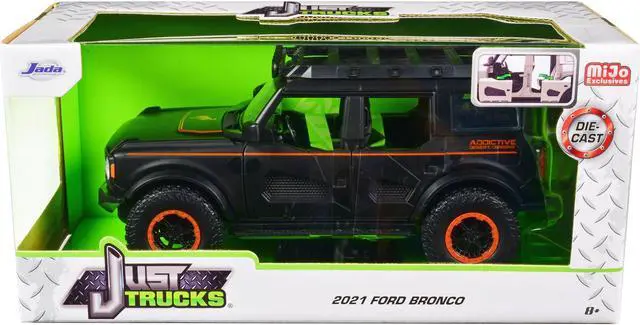 Alt view image 4 of 4 - 2021 Ford Bronco Matt Black with Orange Stripes and Roof Rack "Addictive Desert Designs" 1/24 Diecast Model Car by Jada